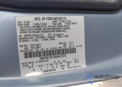 2008 Mercury Grand Marquis Gs z USA, uszkodzony, nr VIN 2MEFM74V18X641974